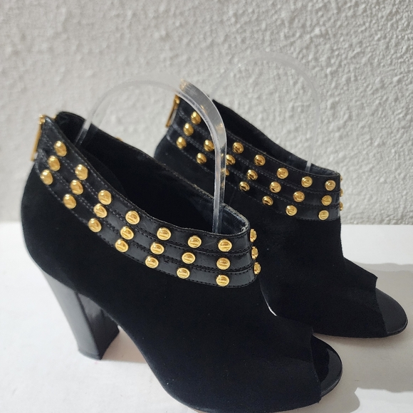 Kat Maconie Black Suede Peep Toe Ankle Booties Gold Studs Zip Heel US 8 EU 39 - Picture 9 of 12